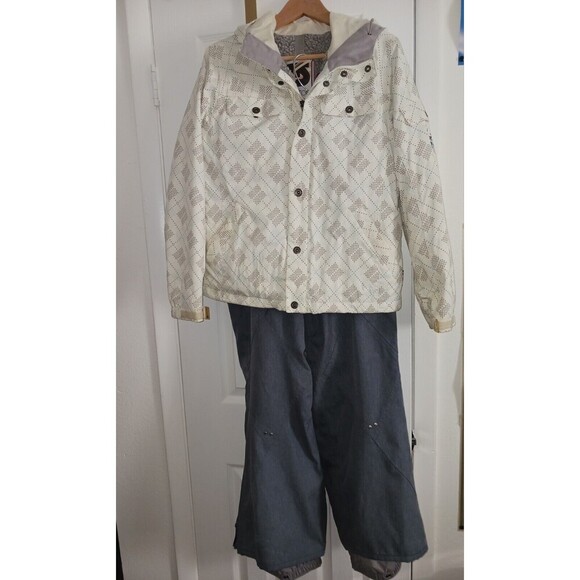 Burton Ski Snowboard Jacket & Pants Set Womens Small White Light Blue Black Dots - Picture 1 of 16